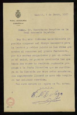 Carta de Carlos María Cortezo al secretario [Emilio Cotarelo] en la que le ruega que la Junta Adm...