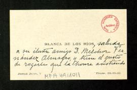 Tarjeta de Blanca de los Ríos en la que invita a Melchor Fernández Almagro a la lectura de su dra...