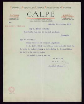 Carta de José N. de Urgoiti a Emilio Cotarelo en la que acusa recibo del original de la letra B, ...