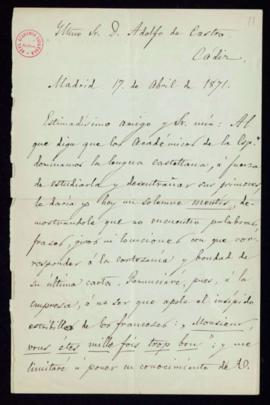 Minuta de la carta [del secretario accidental, Antonio María Segovia] a Adolfo de Castro de agrad...