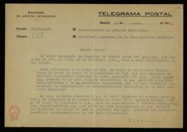 Telegrama postal del secretario de Asuntos Exteriores, José María Doussinague, al secretario perp...