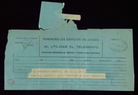 Telegrama de Manuel Machado a Julio Urquijo sobre la concurrencia de la junta del Instituto a Sev...