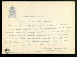 Carta de Narciso Alonso a Julio Casares en la que anuncia el envío certificado de un artículo sob...