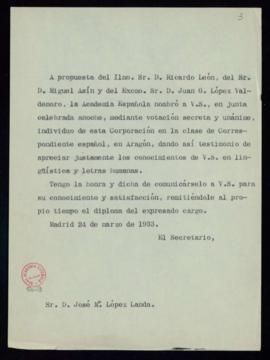 Minuta del oficio del secretario a José M.ª López Landa de traslado de su nombramiento como acadé...