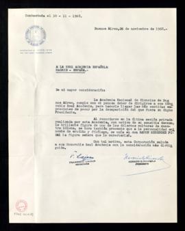 Carta de Horacio C. Rivarola y Francisco Lajous, presidente y secretario de la Academia Nacional ...