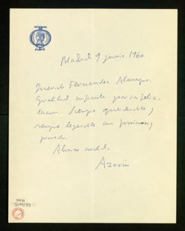 Carta de Azorín a Melchor Fernández Almagro en la que le agradece su felicitación