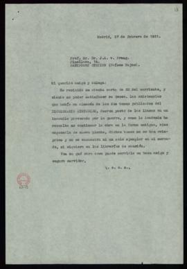 Copia de la carta de Julio Casares a J. A. van Praag en la que le informa de que las existencias ...