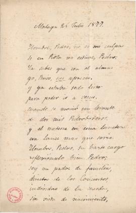 Carta en verso de El Ciego [Mariano Vázquez] a Pedro [Antonio de Alarcón] para decirle que no fue...