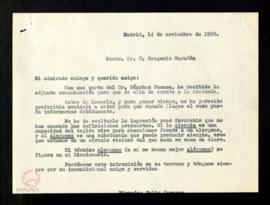 Minuta de la carta remitida por Julio Casares a Gregorio Marañón en la que le envía las propuesta...
