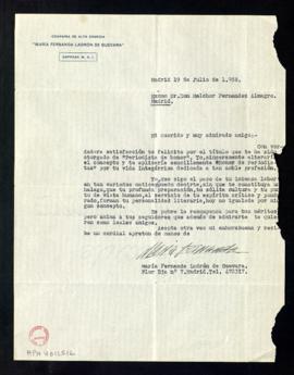 Carta de María Fernanda Ladrón de Guevara a Melchor Fernández Almagro en la que le felicita por s...