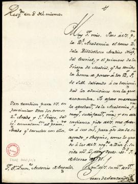 Carta de Juan de Santander a Francisco Antonio de Angulo con la que le remite el tomo 2.º de la B...