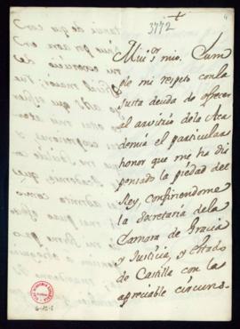 Carta de Agustín de Montiano a Lope Hurtado de Mendoza en la que da cuenta de su nombramiento com...