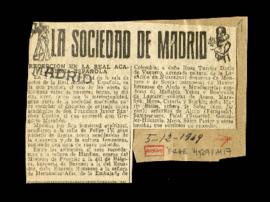 Recorte del diario Madrid con la crónica titulada Recepción en la Real Academia Española
