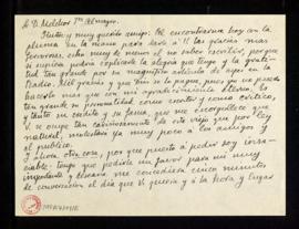Carta de Enrique Chicote a Melchor Fernández Almagro en la que le agradece el artículo del día an...