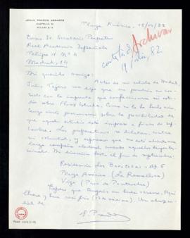 Carta de Jesús Prados al secretario de la Academia en la que le manifiesta su pesimismo sobre la ...