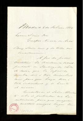Carta de L. M. Cardozo a Gaspar Núñez de Arce en la que le pide que se nombren correspondientes e...