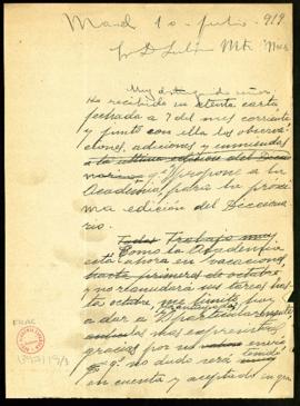 Carta de Emilio Cotarelo a Julián Martínez Mier en la que le agradece el envío de una lista de té...