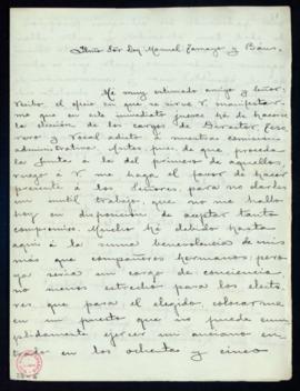 Carta de Juan de la Pezuela, al secretario, Manuel Tamayo y Baus, en la que le ruega que haga pre...
