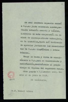 Copia del oficio de secretario a Manuel Gálvez de traslado de su elección y envío del diploma com...