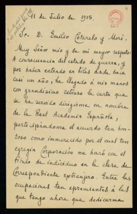 Carta de Enrique Mérimée a Emilio Cotarelo en la que agradece su nombramiento de académico corres...
