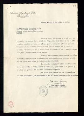 Carta de pésame que envía José León Pagano, presidente interino de la Academia Argentina de Letra...