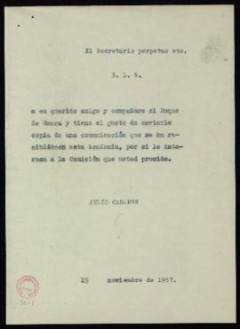 Copia sin firma del besalamano de Julio Casares al duque de Maura, presidente de la Comisión del ...