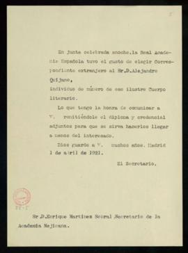 Copia del oficio del secretario a Enrique Martínez Sobral, secretario de la Academia Mexicana, en...