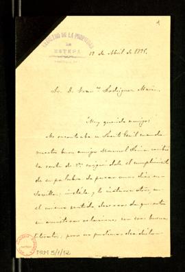 Carta de Antonio Aguilar y Cano a Francisco Rodríguez Marín en la que declina su invitación a Sev...