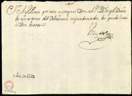 Orden de Manuel de Villegas a Juan Pérez para que entregue al portador cinco tomos encuadernados ...