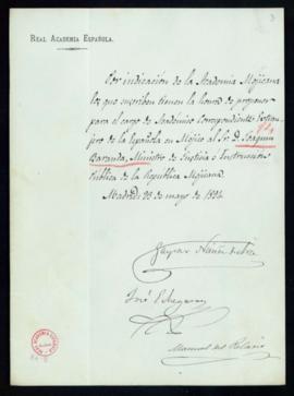 Propuesta, por indicación de la Academia Mexicana, de Joaquín Baranda para académico correspondie...