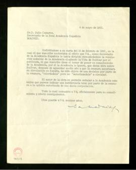 Carta de Salvador de Madariaga a Julio Casares en la que se permite recordarle que su obra Bolíva...
