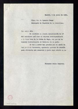 Copia de la carta de Julio Casares a Ignacio Bunge, encargado de negocios de la República Argenti...