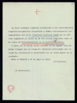 Minuta del diploma de Francisco Carreras Candi de académico correspondiente de la Sección Catalana