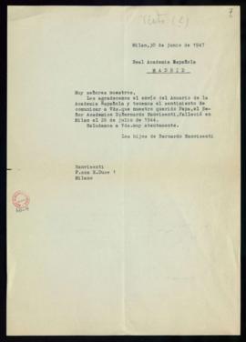 Carta de los hijos de Bernardo Sanvisenti en la que agradecen el envío del Anuario y comunican qu...