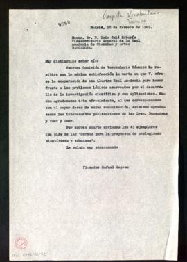 Copia de la carta de Rafael Lapesa a Luis Solé Sabarís, vicesecretario de la Real Academia de Cie...