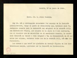 Carta de Ángel González Palencia, secretario de la Comisión administrativa, a Julio Casares de tr...