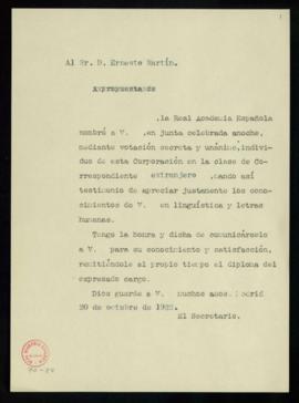Minuta del oficio a Ernesto Martín de comunicación de su nombramiento como académico correspondie...