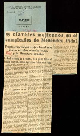 Recorte del diario Ya con el artículo 95 claveles mejicanos en el cumpleaños de  Menéndez Pidal