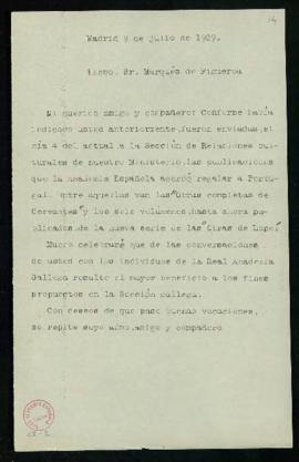Carta a Juan de la Armada y Losada, marqués de Figueroa, en la que comunica que fueron enviadas a...