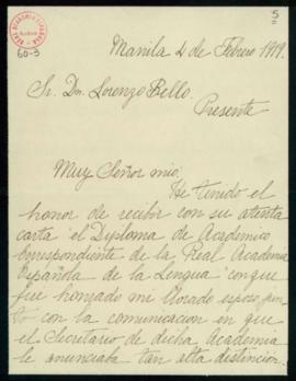 Carta de Dolores Reyes de Irureta Goyena a Lorenzo Bello en la que le agradece el envío del diplo...