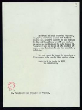 Copia del oficio de pésame del secretario al presidente del Colegio de Francia por el falleicmien...