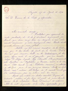 Carta de Miguel Antonio Caro a Fermín de la Puente Apezechea en la que muestra su interés por la ...