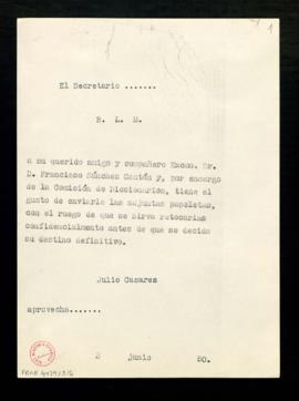 Copia sin firma del besalamano de Julio Casares, secretario, a Francisco Sánchez Cantón con el qu...