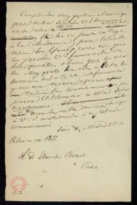Minuta de la carta del secretario [Manuel Bretón de los Herreros] a Eduardo Benot en la que le co...