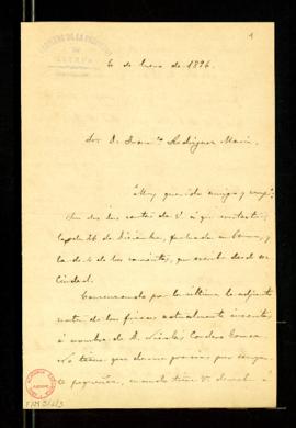 Carta de Antonio Aguilar y Cano a Francisco Rodríguez Marín con la que adjunta una nota de las fi...