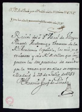Recibo de Antonio Gaspar de Pinedo de 1874 reales de vellón