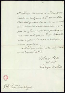 Carta del duque de Alba a Francisco Antonio Angulo en la que le comunica su aprobación de la admi...