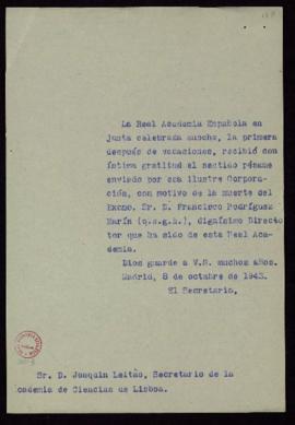 Copia sin firma del oficio del secretario a Joaquim Leitao, secretario de la Academia de las Cien...