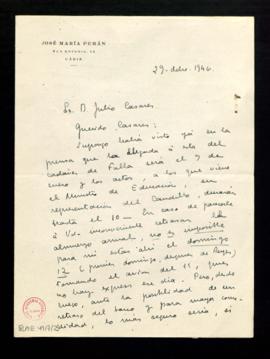 Carta de José María Pemán a Julio Casares en la que le dice que prefiere que el almuerzo se trasl...