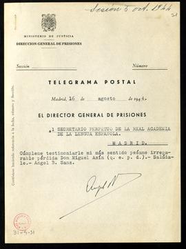 Telegrama postal de Ángel B. Sanz, director general de Prisiones, al secretario de pésame por el ...